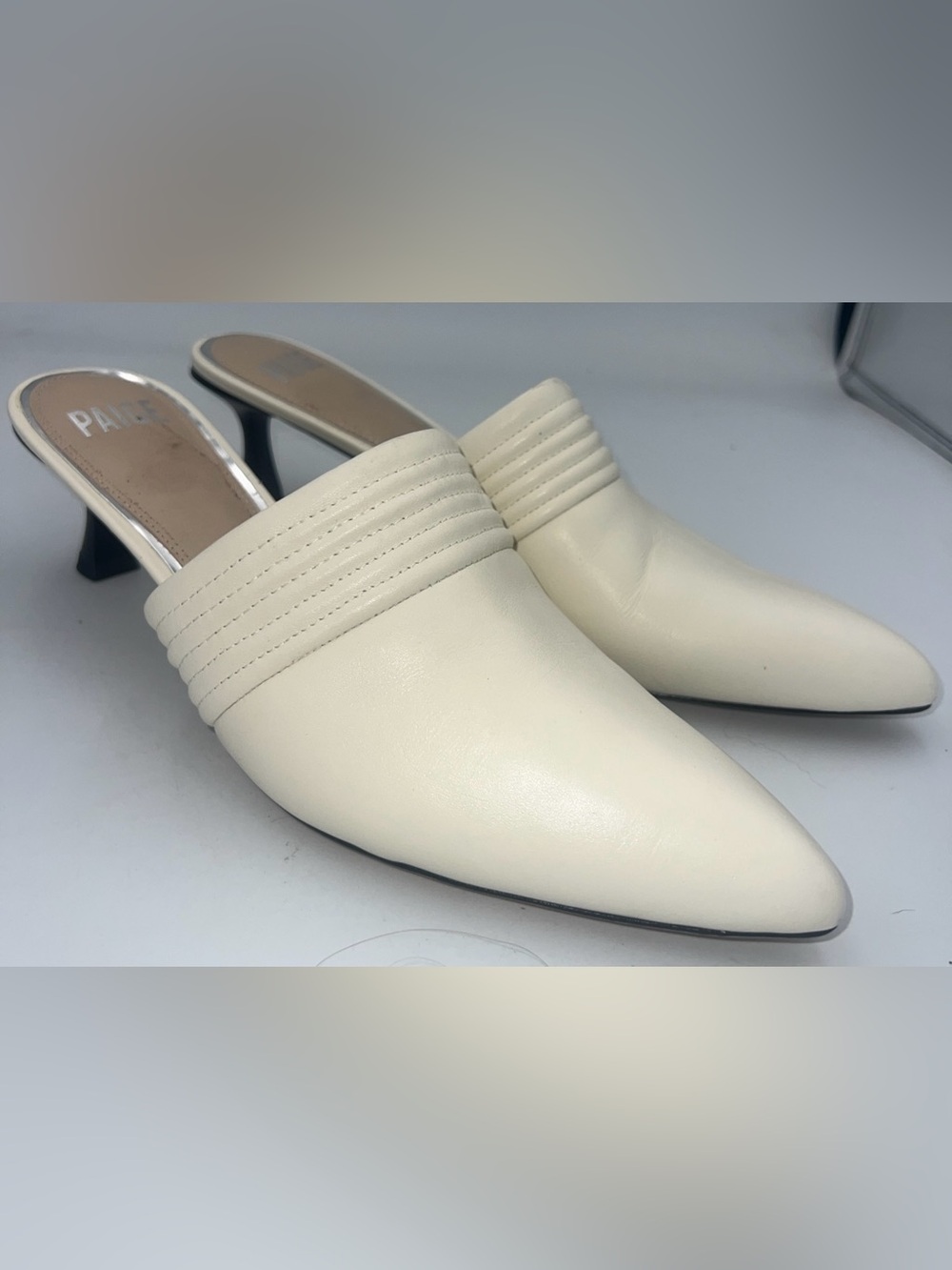 PAIGE All Leather Mules Cream 2” Kitten Heel Pointed Slip On Shoes Women’s SZ 10